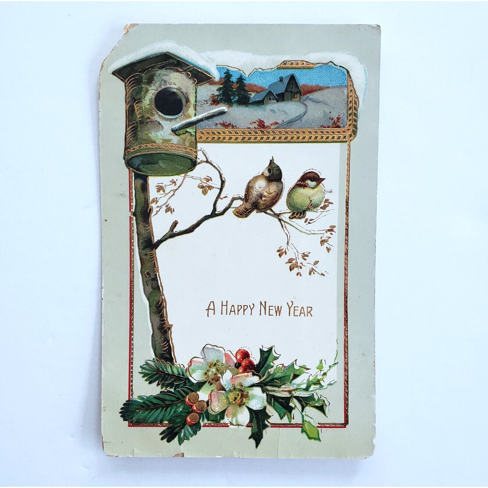 Antique Holiday Postcard New Year Birds Flowers Farm Snow Vintage Germany 1900s
